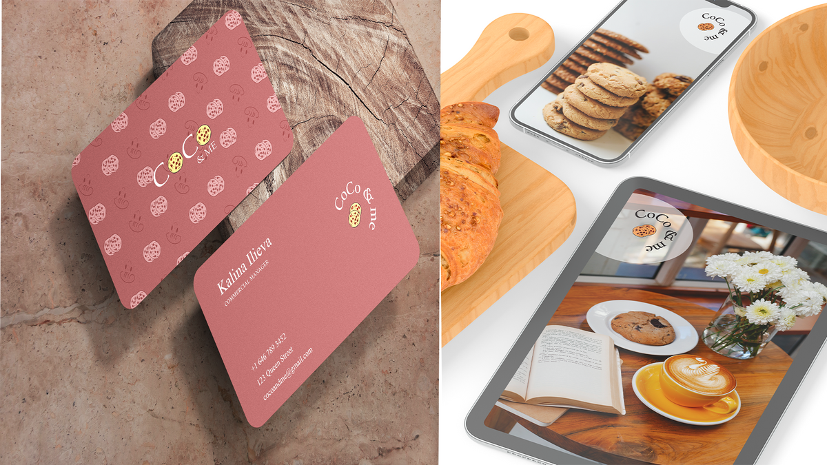 A cute bakery at the corner of your street. 
Coco & me is an ordinary small cookie shop with a vision to grow immensely. 
The brand has a cute personality as seen in the logo. 
The project was fun to do, I loved the colors & overloaded cuteness!
