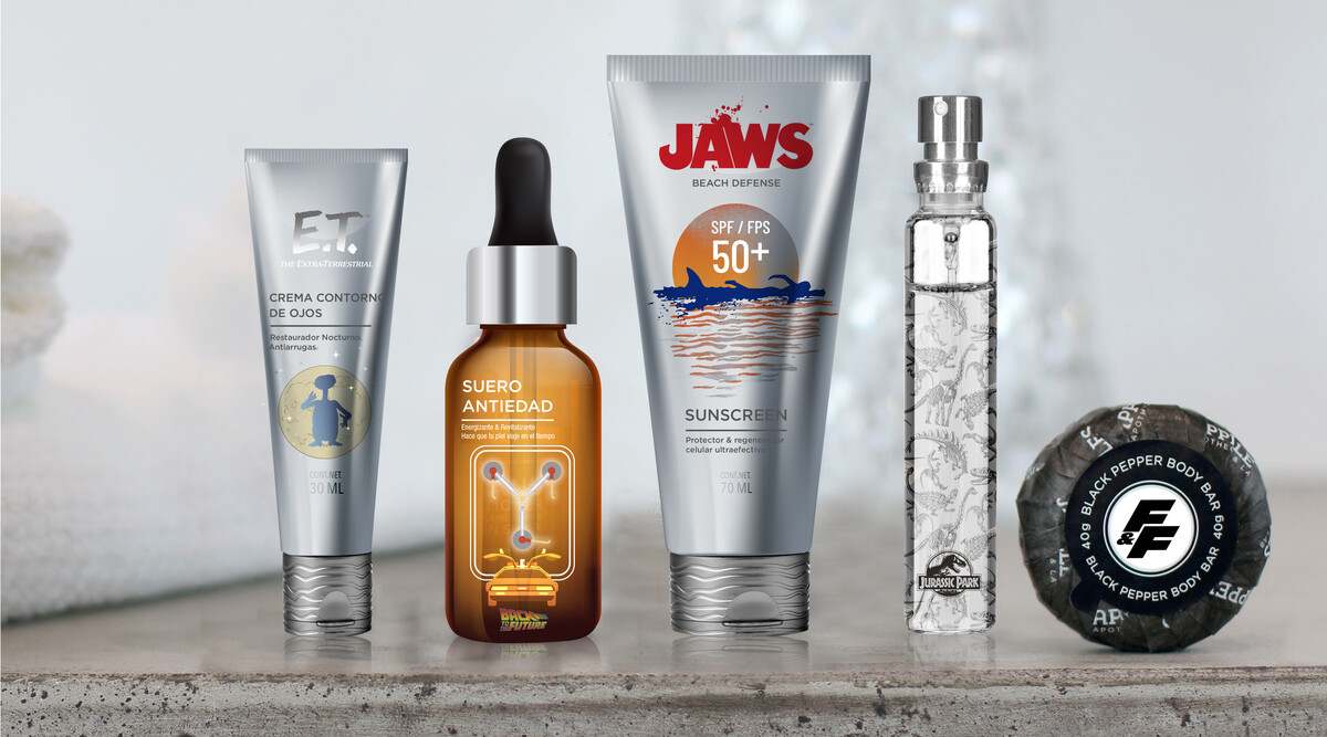 Beauty set of products that relate the narrative of each one of the featured brands: Anti-aging Night Eye Treatment for E.T. The Extraterrestrial; Age-delay Serum for Back To The Future; Sunscreen for JAWS; Fragrance for Jurassic Park and Body Moisturizer Bar in a round shape simulating a car wheel for Fast & Furious.