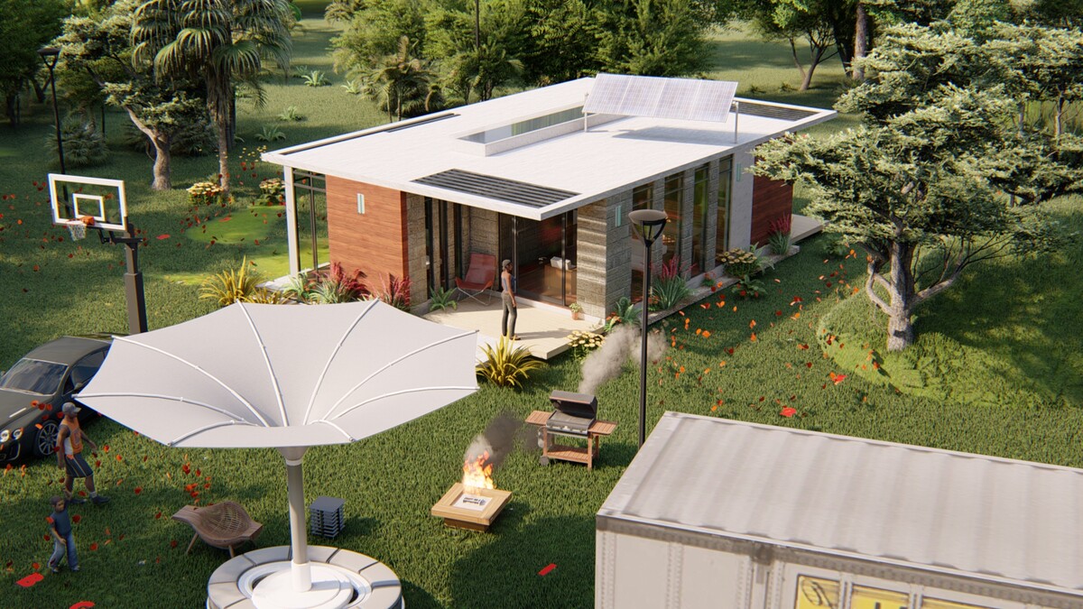 aerial vie of the front/porch and the land scape,