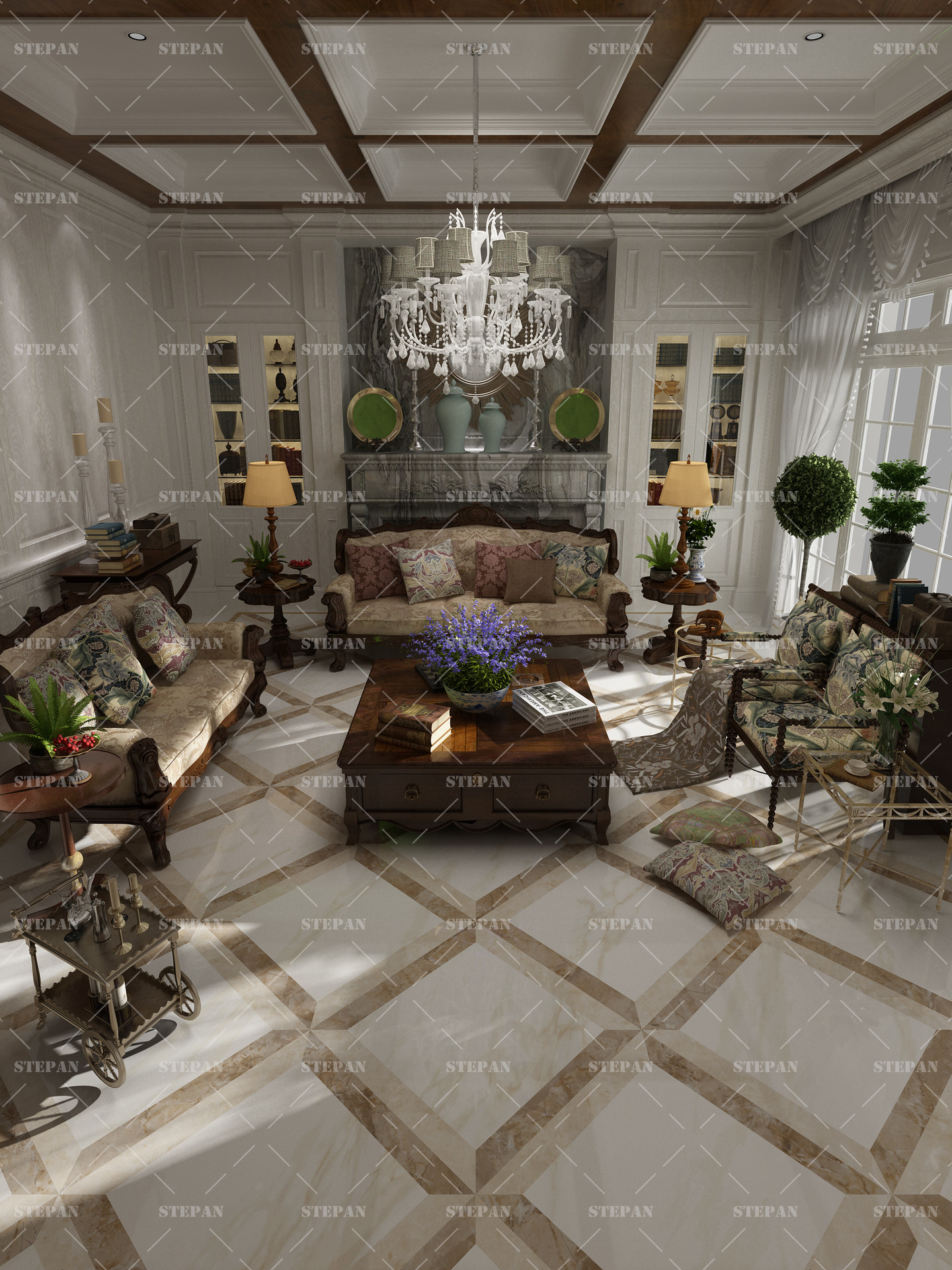 Living room interior design (3Ds max, V-ray, Photoshop)