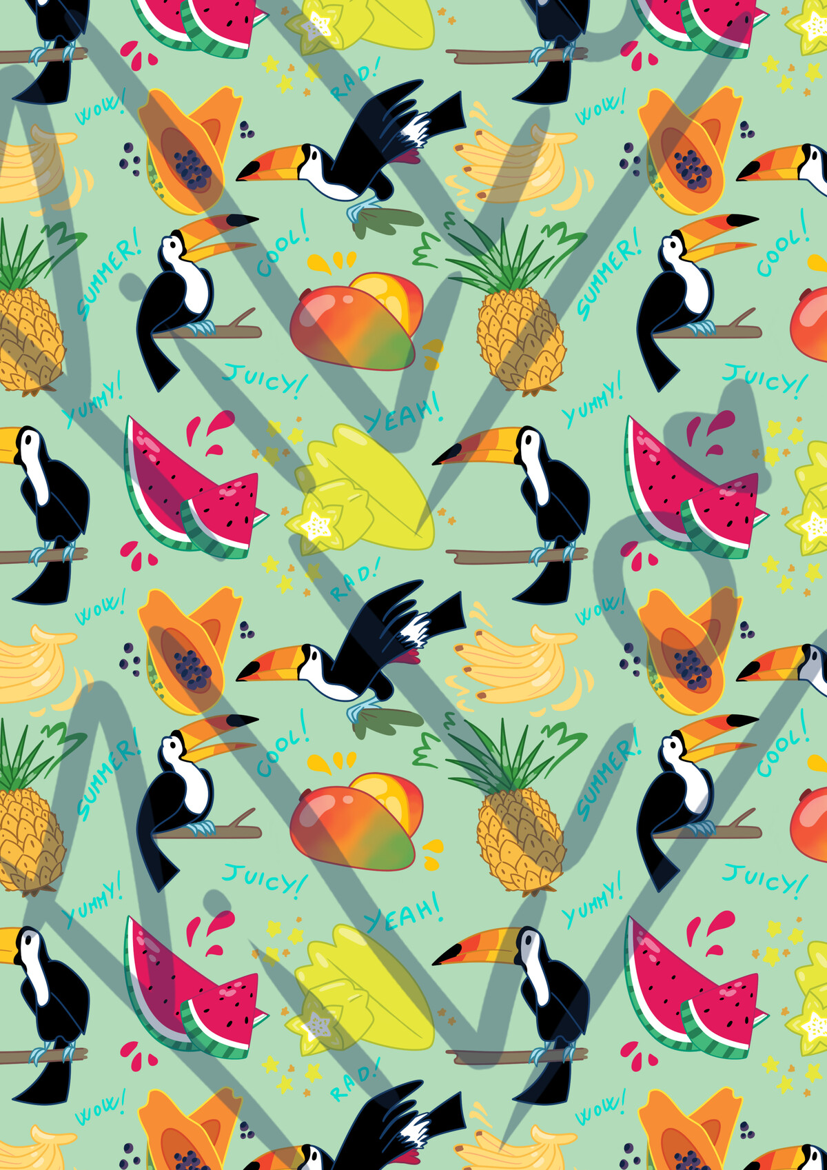 Pattern I (Tropical).
A digital pattern featuring Toucans and tropical fruits, for a fresh summer vibe.