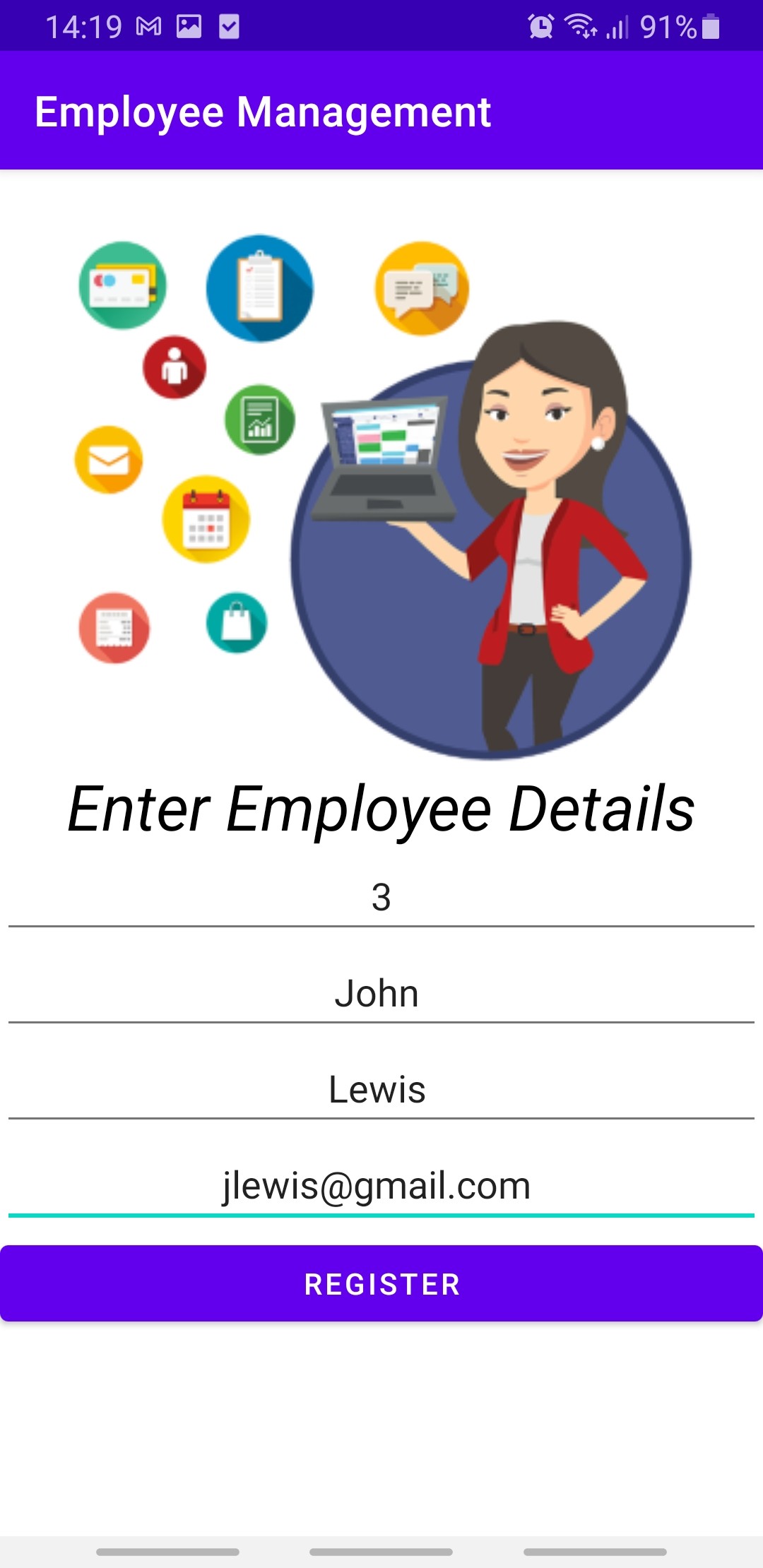 The Employee mobile database with register and retrieve data