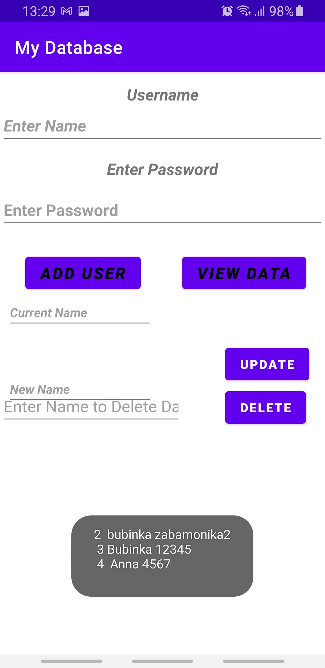 The Android Mobile Database app with access to view data ,delete , update username and save it for further revision