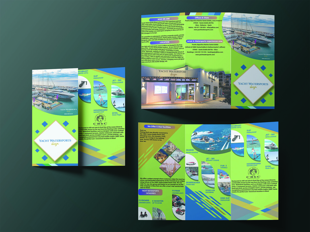 This is a  tri-fold watersports flyer. I have designed  the  tri-fold watersports flyer for my client . My client satisfied with my task  & rated it.